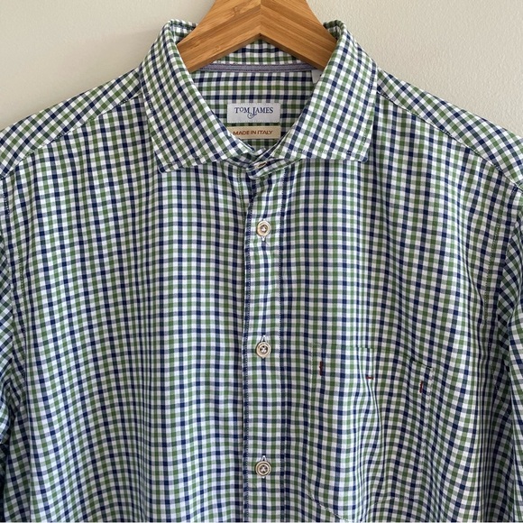 Tom James Men's Button Up Shirt Blue/Green Checkered Pattern Size Medium - Picture 6 of 11